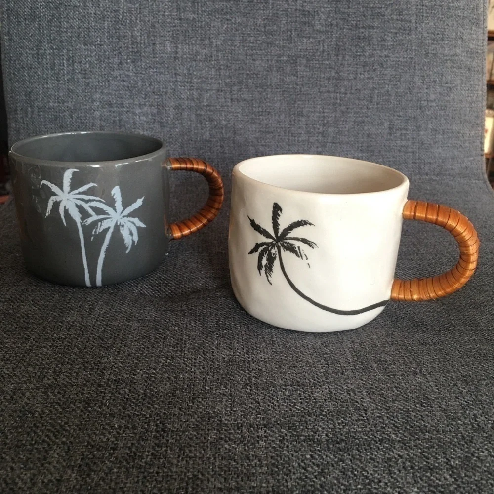 HOST PICK! Set/2 Palm Trees Coffee Mugs, Gray, Ivory, 8 oz